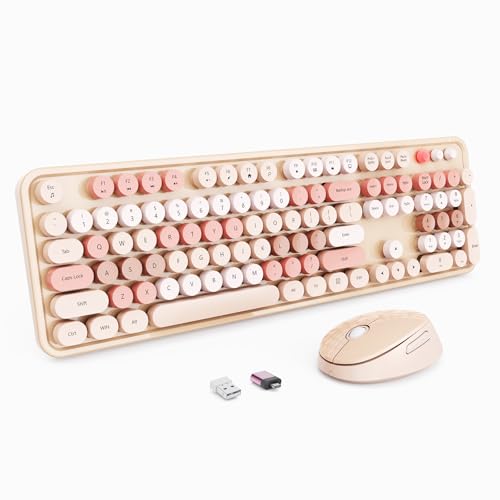 Wireless Keyboard and Mouse, Full-Size Typewriter Keyboard with Retro Round Keycaps, Ergonomic Design, Compatible with Windows PCs, Ideal for Home and Office. (Milk Tea) - color: Brown