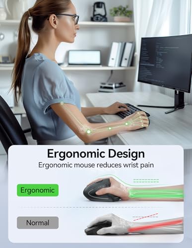 TECKNET Wireless Ergonomic Mouse, Rechargeable Wireless Vertical Mouse | Rechargeable Mouse Gray, 2.4GHz USB Receiver, Silent Click, 6 Adjustable DPI up to 4800, 6 Buttons for Laptop, PC & MacBook - color: Light Gray