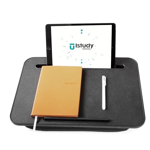 Lap Desk – Laptop Lap Desk with Cushion for Bed, Couch or Floor, Fits up to 15.6" Laptop, Built-in Slot, Non-Slip PVC Leather Top, Portable & Lightweight – Home Office, Istudyniture (Small,Black)