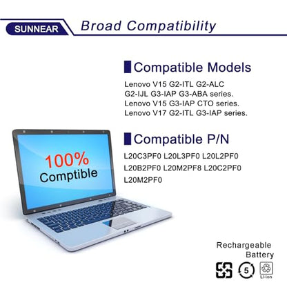 L20M3PF0 Laptop Battery Replace for Lenovo IdeaPad 3-14ITL6 3-15ITL6 3-17ITL6 / S14 V14 V15 V17 G2-ITL G3-IAP / K14 Series L20C3PF0 L20L3PF0 - size: 13.43*4.41*1.34 inches L20M3PF0