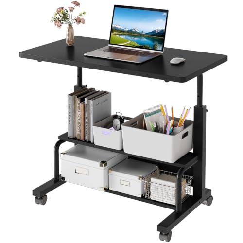 OLIXIS Rolling Desk, Storage Shelves, Laptop Table, Home Office | Height Adjustable Design, Computer Desks on Wheels, Portable for Small Spaces Use, Black - color: Black