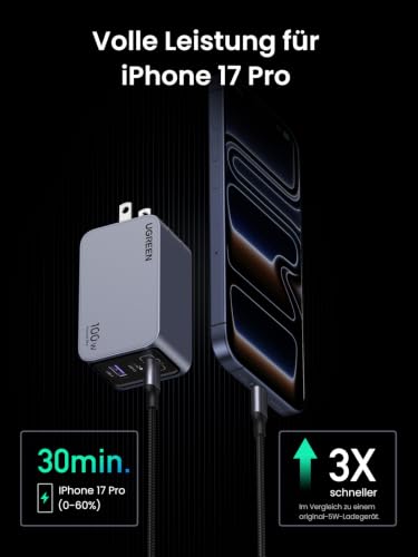 UGREEN Nexode Pro 100W GaN USB C Wall Charger, 3-Port Compact Fast PPS Charger for MacBook Pro/Air, Pixelbook, iPad, iPhone 17/16/15 Series, Galaxy S25/S24, Pixel 10/9, Steam Deck