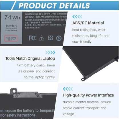 74Wh 357F9 Battery for Dell Inspiron 15 7000 Gaming 15 7559 i7559 7557 | i7559-5012GRY i7557 i5577-7342blk-pus 5577 7567 5576 7566 INS15PD Series P65F P65F001 P57F 71jf4 071jf4 0GFJ6 0357F9 11.1V - size: 6.93*3.75*0.5inch 357F9