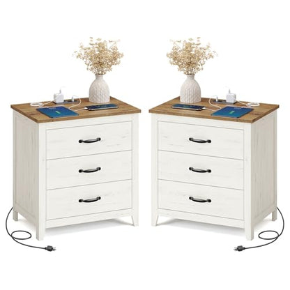 VASAGLE LIRY Collection - Farmhouse Nightstand with Charging Station, Set of 2, Bedside Tables, Side End Tables with 3 Drawers, for Bedroom, Rustic White and Honey Brown ULET979W01 - color: Rustic White + Honey Brown, size: 2 PACK, style: 23.6"W x 24.8"H
