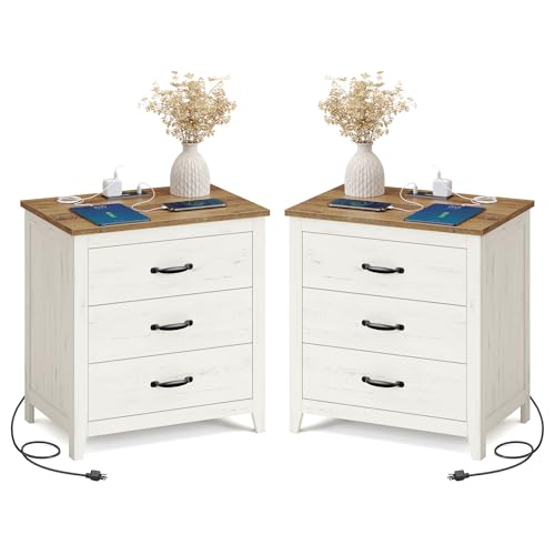 VASAGLE LIRY Collection - Farmhouse Nightstand with Charging Station, Set of 2, Bedside Tables, Side End Tables with 3 Drawers, for Bedroom, Rustic White and Honey Brown ULET979W01 - color: Rustic White + Honey Brown, size: 2 PACK, style: 23.6"W x 24.8"H
