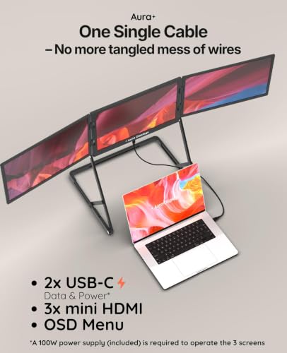 | Triple Aero Pro Max 18.5" | Portable Monitor Extender | Full Aluminum | Quad Screens | 3×18.5" FHD 1080P HDR IPS | USB-C & HDMI | Compatible 12-18.5" Laptops Windows MacOS - size: 3x 18.5" Full HD