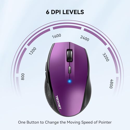 TECKNET Bluetooth Mouse, 4800 DPI Computer Mouse, 2-Year Battery Wireless Mouse 6 Adjustable DPI, 6 Buttons Compatible with Laptop/Windows/Computer(Purple) | BT 5.0/3.0, 6-Level DPI to 4800, Wide OS Compatible, Ergonomic for M/L Hands, Extended Battery -