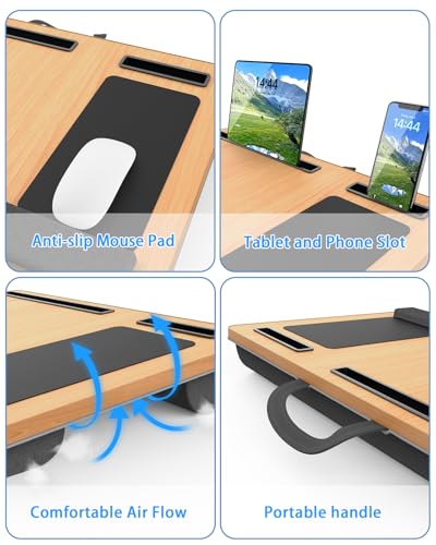 HETTHI Laptop Lap Desk, Portable Large Laptop Desk for Bed, Up to 17 in Lap Table with Wrist Rest, Mouse Pad, Tablet Phone Slot, Portable Handle, Cushion (Light Brown) - color: Light Brown