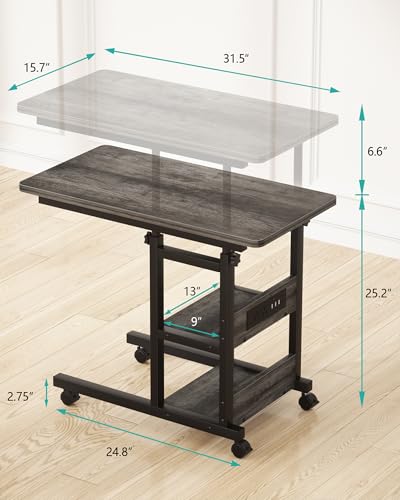 Height Adjustable End Table with Charging Station, Mobile C Shaped Laptop Side Table with Wheels, 3-Tier Sofa Couch Table with Storage Shelve for Living Room Bedroom, Grey Oak - color: Grey Oak