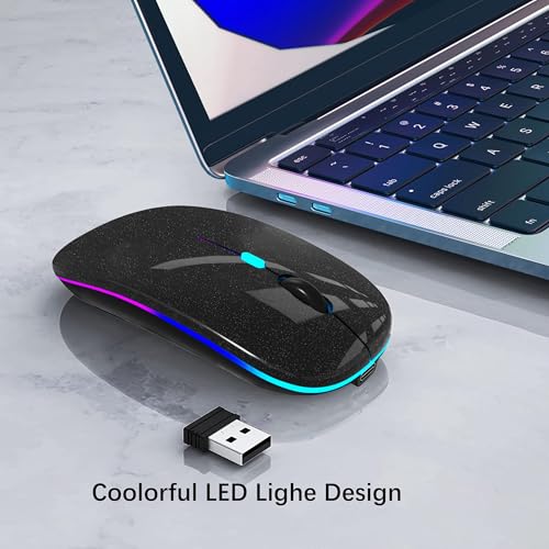 WREANU Wireless Bluetooth Mouse Rechargeable Laptop Mice with LED Lights Silent Slim Use(BT5.2 and 2.4G Portable USB Receiver)Dual Mode Computer Mouse for Laptop/iPad/Tablet/Apple/PC/Mac(Black Pearl) - color: Black Pearl
