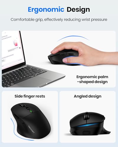 TECKNET Wireless Mouse Bluetooth 5.0/3.0 & 2.4G Rechargeable, Silent Clicks, Adjustable 4800 DPI, 6 Buttons, Ergonomic Design, Bluetooth Mouse for Laptop, Computer, ipad-Dark - color: Dark