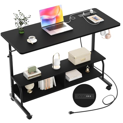 47" Rolling Standing Desk with Charging Station for Couch Bed | Height Adjust 27.5-41", 2 AC/3 USB, Mobile 4 Lockable Wheels, 2-tier Shelves Hook, Safe Corner Fast Assembly - color: Black, size: 47''
