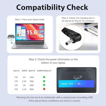TAIFU 12V AC Adapter Charger Compatible with Laptop Computer Auusda F152 F152A T152A T156A A146G F146 Y140 T140J T141J Y140N Intel N95 N5095 N150 J4105 J4125 14.1" 15.6" Power Supply Cord