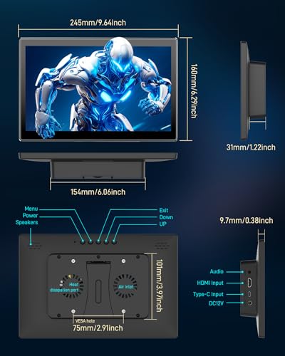 10.1 Inch Full Function USB-C Touch Monitor for Ra Pi | 1920×1200 IPS screen 10-point touch, built-in fan & speakers, VESA mount, full accessories, USB-C one cable video/touch/power - size: 10.1-inch