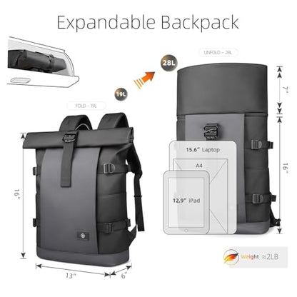 Rolltop Backpack for Men Women, Expandable Travel Laptop Backpack | 15.6 Inch Casual Daypack with Computer Compartment,19-28L Water-Resistant Business Backpack Bag for Commute Work College-Grey - color: Grey