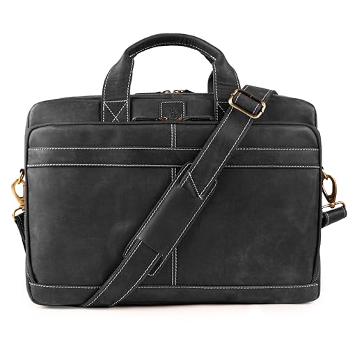 Full Grain Leather Messenger Bag for Men, 16” Briefcase Laptop Satchel Vintage Professional Office Work & Travel Bag - color: Black