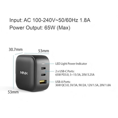MINIX P1 66W Turbo 3-Port GaN Travel Wall Charger USB C Fast Power Adapter | Foldable Plug (2x USB-C, 1x USB-A) Compatible with MacBook Pro Air, iPad Pro, iPhone 17/16/15/13, Galaxy S25 (US/UK/EU Plugs)