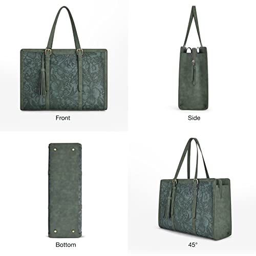 ECOSUSI Laptop Bag For Women 15.6 Inch Work Tote Bags PU Leather Computer Purse For Business Office With 3 Layer Compartments - color: Dark Green