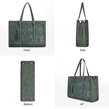 ECOSUSI Laptop Bag For Women 15.6 Inch Work Tote Bags PU Leather Computer Purse For Business Office With 3 Layer Compartments - color: Dark Green