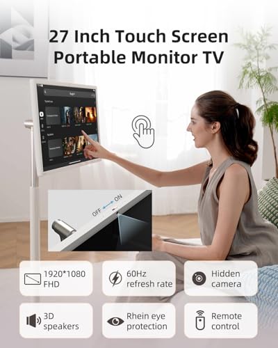 KTC MegPad 27 Inch Portable Screen TV - 1080P Touch Screen Monitor on Wheels with 8MP Camera, Compatible with Google TV, Android 14, QC 8G RAM+128G Storage, 9500mAh Battery, Remote Control - size: 27 inch