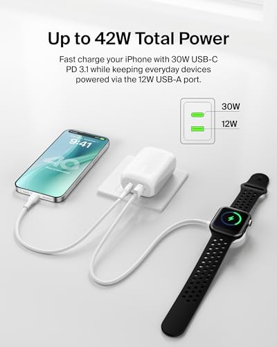 Belkin 42W Dual Port Charger Block, USB-C + USB-A Charger Super Fast Charging - Samsung Galaxy S25, Apple iPhone 17, Air, Pro, Pro Max, iPad, AirPods, Apple Watch, Nintendo Switch 2 & More - White - color: White