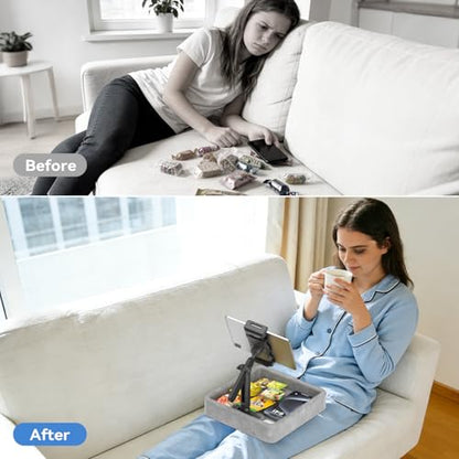 KDD Tablet Pillow Stand - Multi-Angle Adjustable iPad Holder for Lap, Bed and Desk - Foldable Kindle Soft Pad Dock with Storage Tray Compatible with iPad Pro 12.9, Air Mini, Phone, E-Reader