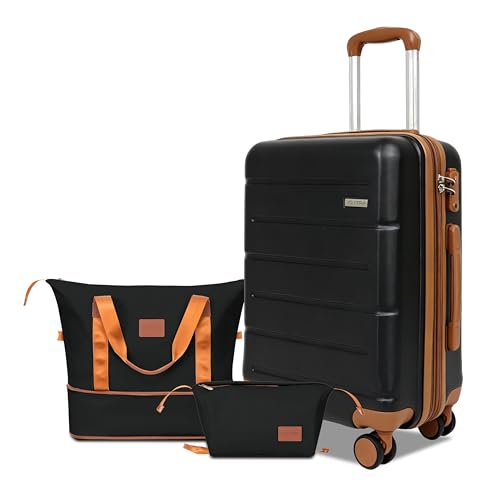 3-Piece Luggage Set with Carry On Luggage Set 22x14x9 Airline Approved, ABS Hardside Suitcase with 8 Spinner Wheels & TSA Lock, Expandable Suitcase for Men & Women (20/TB/DB Black) - color: Black, size: (20/DB/TB)-Expandable