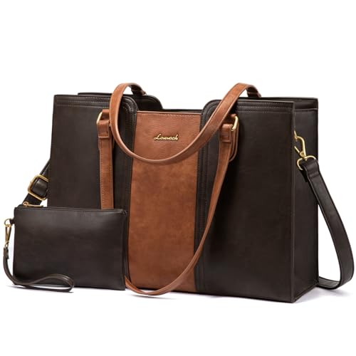 LOVEVOOK Laptop Bag for Women - Waterproof Work Bag for Women & Vintage Laptop Tote Purse with Wristlet - color: Red Brown/Coffee, size: 17.3 inch