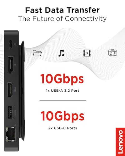Lenovo USB-C Dual Display Travel Dock w/ 100W Power Adapter - 7 Ports, Integrated USB-C Cable, Universal Compatibility, Dual Displays at 4K - Black - style: USB Dock + Adapter