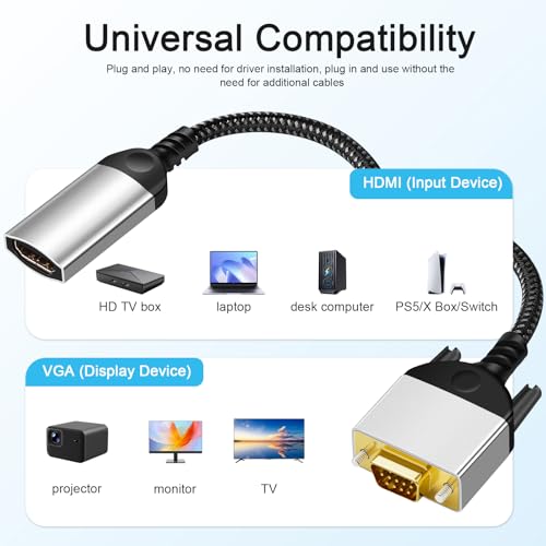 HDMI to VGA Adapter Cable 8 inch Uni-Directional Only,Gold-Plated 1080p@60Hz HDMI Female to VGA Male Braided Cord for PC,Laptop,Monitor,HDTV, Roku, Xbox, PS5 - style: HDMI to VGA Adapter Cable