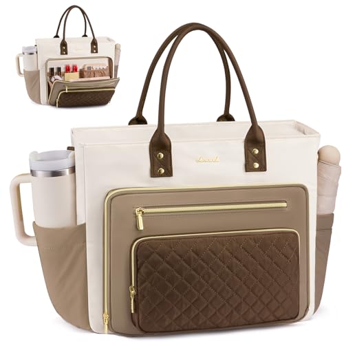 LOVEVOOK 17 Inch Laptop Tote Bag for Women, Teacher Nurse Work Bags, Laptop Bag With Large Cup Holder, Professional Briefcase Business Computer Purses Handbag Gifts,Khaki-Beige-Coffee - color: Khaki-beige-coffee, size: 17.3 inch