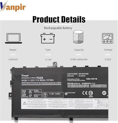 01AV431 Laptop Battery 11.52V 57Wh 4950mAh Replacement for Lenovo ThinkPad X1 Carbon 5th Gen/X1 Carbon 6th Gen Series Notebook 01AV430 SB10K97587 SB10K97588 01AV494 01AV429 SB10K97586 - size: 11.05*4.32*0.23 inch 01AV431
