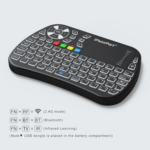 iPazzPort Mini Keyboard,Bluetooth&2.4G with Touchpad, Portable Wireless Keypad with IR Learning, RGB Backlight, Rechargeable, for PC,Android TV Box,Mac, Nvidia Shield, Laptop,Essential Home Keypad