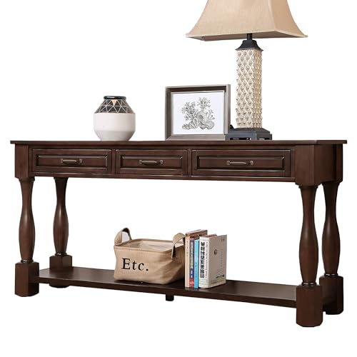 60" Solid Wood Console Table for Entryway,Sofa Table with 3 Drawers | 60" Espresso Entryway Table with Storage Drawers & Shelf,Solid Wood Long Sofa Table for Hallway,Foyer,Entry,Easy Assembled - color: Espresso
