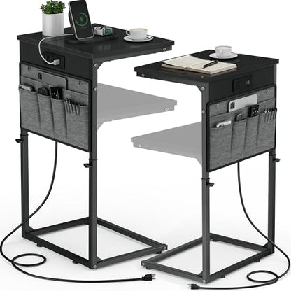 Vagusicc C-Shaped End Table Set of 2 with Charging Station, Small Side Table for Couch, Adjustable Height Couch Side Table, Slide Under Sofa Table TV Tray Tables for Living Room,Bedroom,Bedside, Black - color: 2pc Black