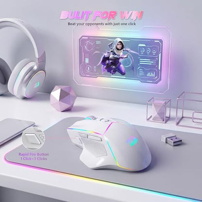 Redragon Wireless Gaming Mouse, Tri-Mode 2.4G/Bluetooth/USB-C, 7 Programmable Buttons, Tactile Rapid Fire Key, 24000 DPI RGB Ergonomic Mouse for PC Windows Gaming & Work, M814W - color: White