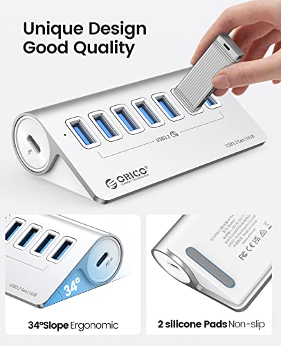 ORICO 7-Port USB 3.2 Gen2 Hub, Desktop USB 3.2 Hub with 7 USB-A Ports, 5V 3A Power Supply Port, 10Gbps Aluminium USB-Splitter with 1.64Ft USB-C to USB-A/C Cable for iMac, MacBooks, Mac mini - size: 50cm, style: M3U7