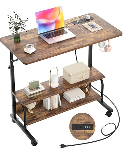 32" Rolling Standing Desk with Charging Station for Couch Bed | Height Adjust 27.5-41", 2 AC/3 USB, Mobile 4 Lockable Wheels, 2-tier Shelves Hook, Safe Corner Fast Assembly - color: Rustic Brown, size: 32''