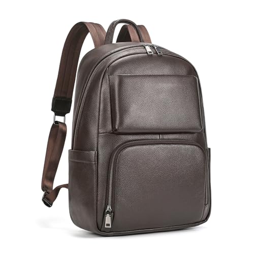 Genuine Leather 15.6 Inch Laptop Backpack for Men, Multi Pocket Casual Daypack Shoulder Bag for Business Travel Outdoor, Coffee - color: Coffee