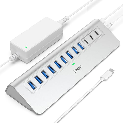 Powered USB Hub 10Gbps, intpw 12 Port USB C Hub with USB C 3.2+2 USB A 3.2, 7 USB 3.0, 2 PD 45W Charging Port, 65W Power Adapter + 3.3FT Cable, Aluminum USB Hub for PC/Laptop/iPhone 17/16/PC - color: Silver, size: 10 Data+2 PD Charging Ports