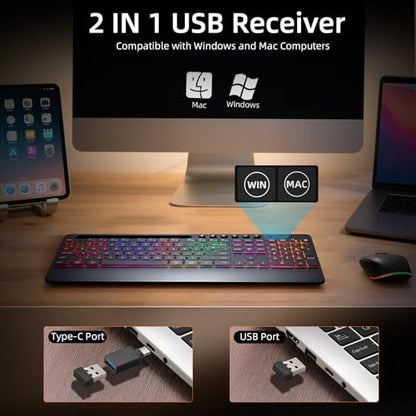 Hamile Wireless Keyboard and Mouse Combo, RGB Backlit, Ergonomic Wrist Rest | Phone Holder, Full Size, 2.4GHz, 3 Level DPI Mouse, Rechargeable Silent Combo for Windows, Mac, PC, Laptop, Black