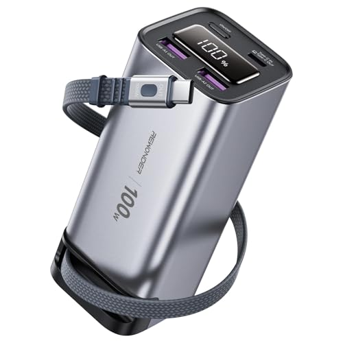 REWONDER 100W Power Bank Fast Charging 20000mAh with Built-in Retractable USB-C Cable, Portable Charger for MacBook Laptop, iPhone 17/16 Series, Samsung, TSA Approved for Air Travel - color: Silver