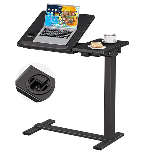 BIZUM Small Electric Standing Desk, Overbed Table Wireless Tilt Top with Hidden Wheels, 27.6×15.8 Inch Adjustable Rolling Laptop Desk, USB-C Rechargeable Battery, Black - color: Black