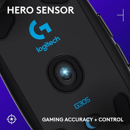 Logitech G305 Lightspeed Wireless Gaming Mouse, Hero Sensor, 12,000 DPI, Lightweight, 6 Programmable Buttons, 250h Battery, On-Board Memory, Compatible with PC, Mac - Black | Hero Sensor 12, Lightspeed 1ms Wireless, Up to 250h on 1xaa, 6 Programmable Butt