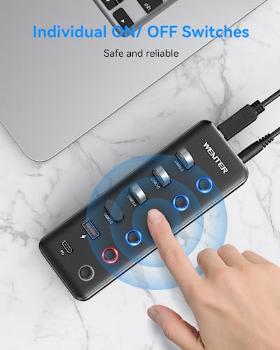Powered USB 3.0 Hub, Wenter 6-Port USB Hub Splitter (4 Faster Data Transfer Ports+ 2Pcs 36W QC Charging Ports) with Individual LED On/Off Switches, USB Hub 3.0 Powered with Power Adapter - color: 4+1A+1C