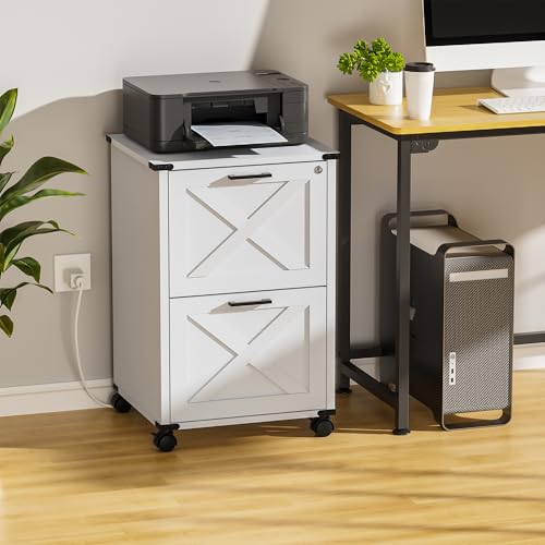 Onelike Small Wood File Cabinet with Charging Station and Lock, 2 Drawers | Built-in 2 AC, USB & Type-C; 1 lock secures 2 drawers; Nightstand, Printer stand and Mobile under-desk cabinet; White - style: 2 Drawers