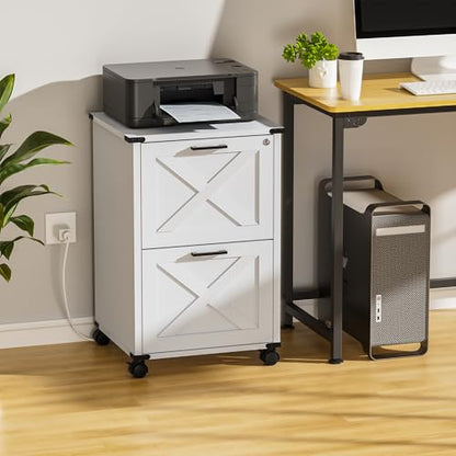 Onelike Small Wood File Cabinet with Charging Station and Lock, 2 Drawers | Built-in 2 AC, USB & Type-C; 1 lock secures 2 drawers; Nightstand, Printer stand and Mobile under-desk cabinet; White - style: 2 Drawers