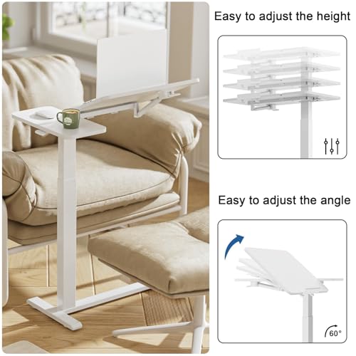 Ywin Medical Overbed Table with Wheels, Lift 27-43in, White | Steel frame & wood top, 0-60° tilt, rolling casters, 66lb load, pneumatic adjustable height for Bed/hospital/couch/office - color: White-1, size: 27.6" x 15.8"
