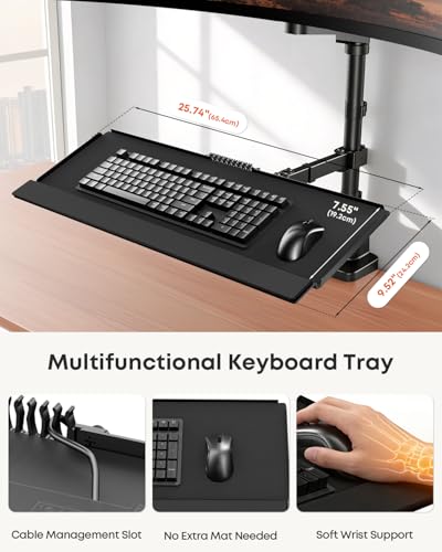 PUTORSEN Heavy-Duty Monitor Arm with Keyboard Tray, Sit-Stand Desk Mount for Up to 49" Screens, 32" Extended Reach Full-Motion Articulating Arm with Pneumatic Spring, C-Clamp & Grommet Mount (Black) - size: 49 Inch