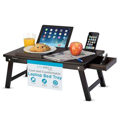 BIRDROCK HOME Laptop Bed Tray | Adjustable Tilt Surface, Storage Drawer, Folding Legs, Mouse Pad | Fits Laptop Up to 15" | Slots Up to: Tablets 9.6", Phones 4" | For Work, Reading, Studying | Espresso